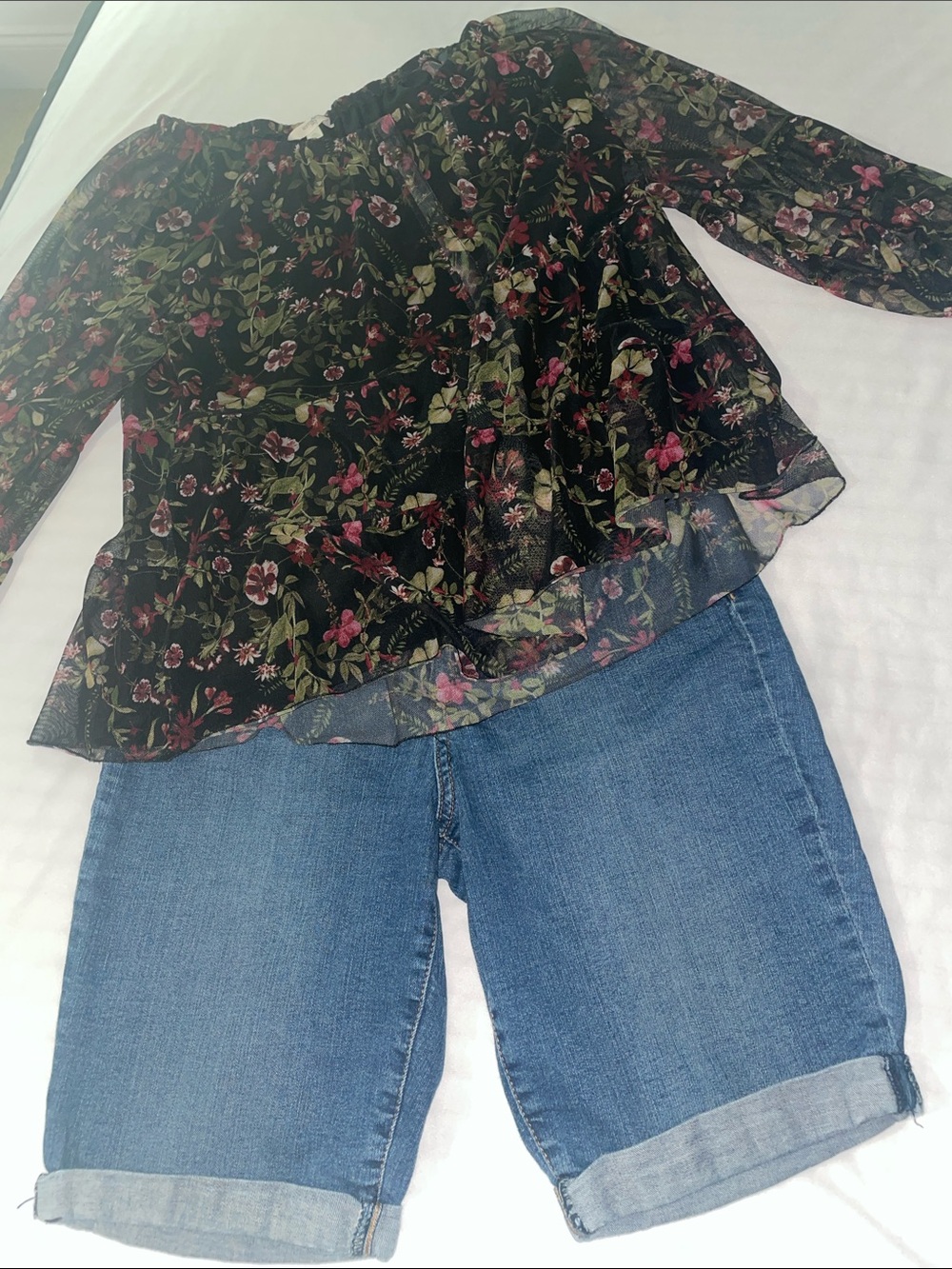 Sheer Black Floral Peplum Blouse & Bermuda Jean Shorts